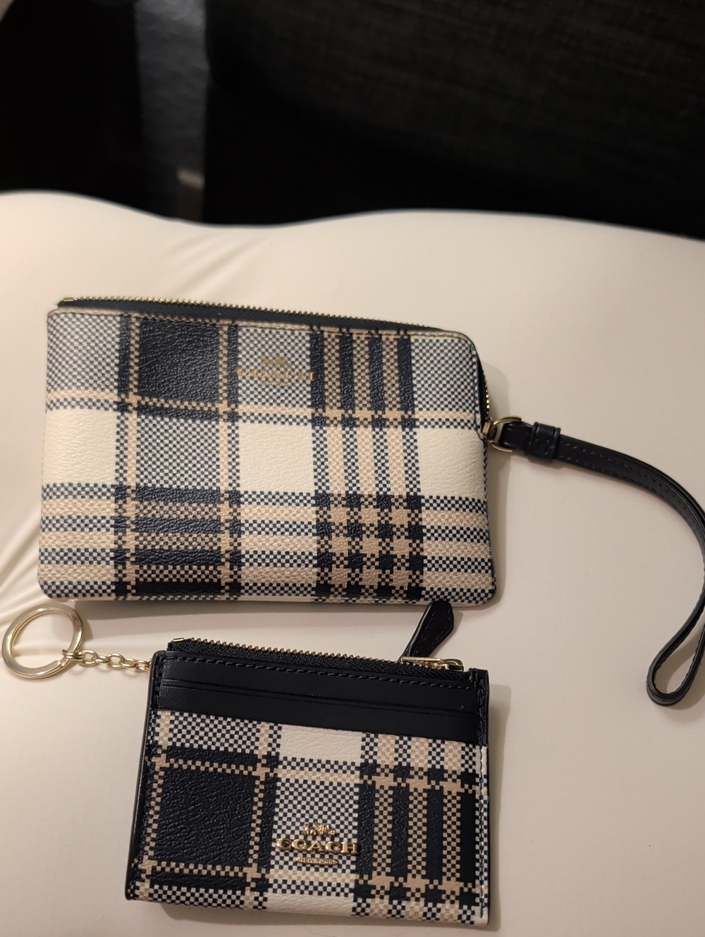 Coach Black and Cream Plaid Wristlet and Card Holder Set